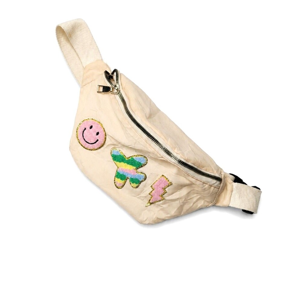 Fanny Pack Preppy Patchwork Nylon with Smiley & Lightning Patches